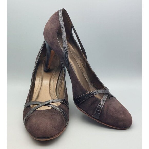 Ann Taylor Brown Suede Pumps Heels Shoes Leather Croc Straps Size 9M Career - Picture 1 of 14
